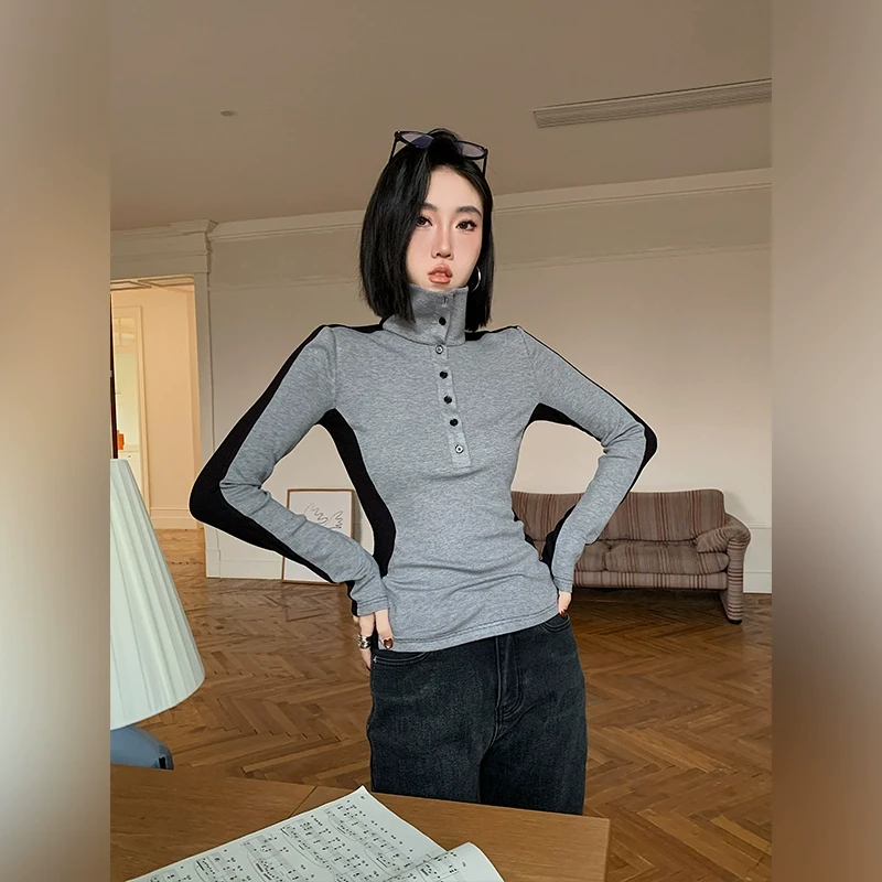 十三粥私服 修容打底 高领显瘦修身设计感黑灰拼色抓毛针织衫秋冬