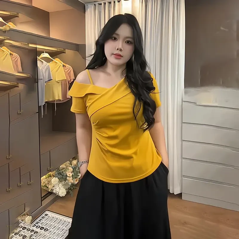 胖mm露肩纯欲风斜领吊带短袖T恤2025夏装新款遮肉显瘦上衣设计感