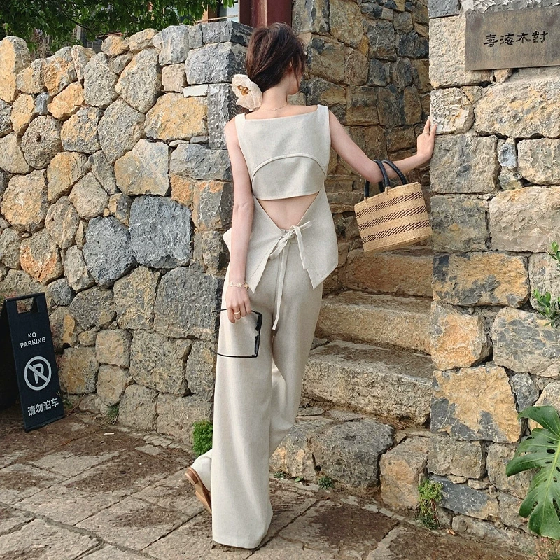 韩系时尚气质无袖露腰套装女夏2025新款设计感小心机阔腿裤两件套
