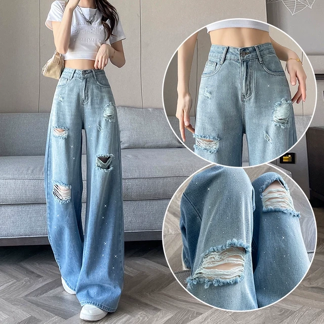 今年夏天流行爆款复古渐变蓝色破洞阔腿牛仔裤女夏薄款烫钻拖地裤