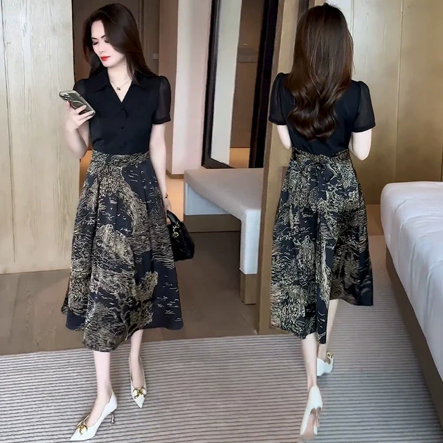 时尚套装女2024夏季新款气质拼接假两件高级感印花显瘦减龄中长裙