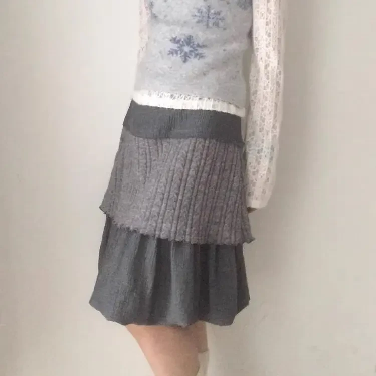 【Huanghuang-Studio】灰色拼接花苞褶皱半身裙