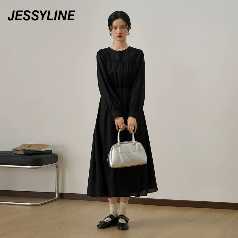 jessyline2025秋季新款 杰茜莱黑色收腰长款连衣裙 432211155