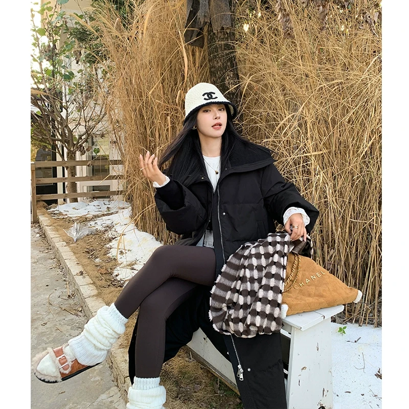 现货李潇洒微胖大码黑色白鸭绒拼接领口羽绒服女冬保暖长款外套