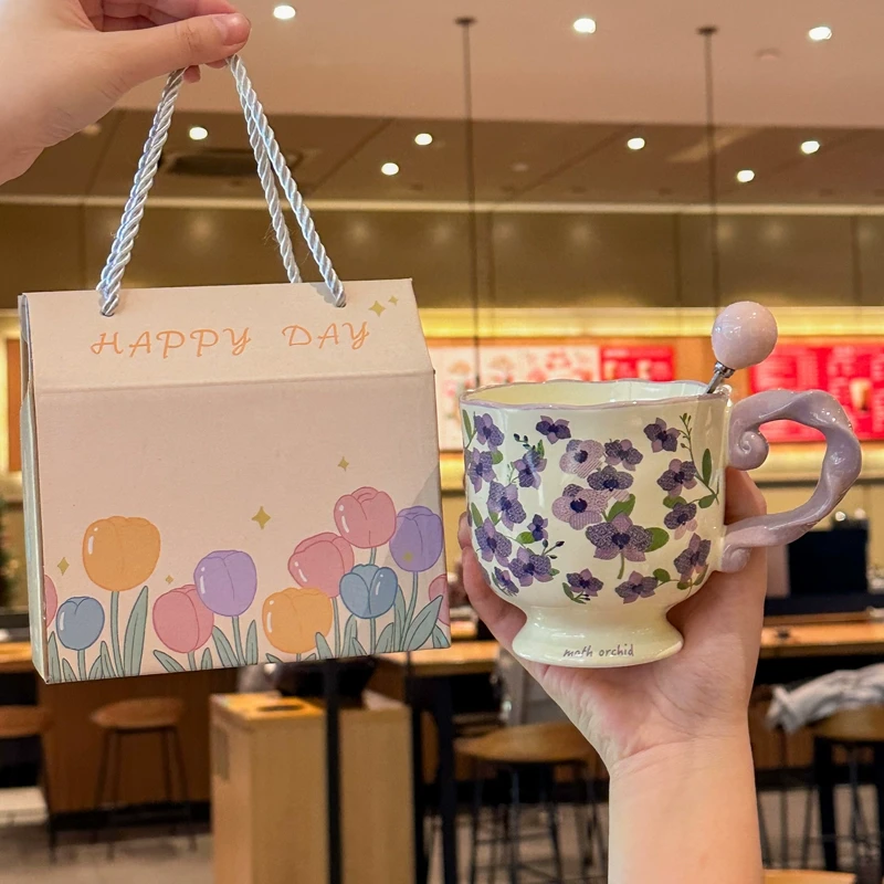 精致繁花高脚杯高级感陶瓷马克杯送女生生日礼物闺蜜伴手礼礼盒装