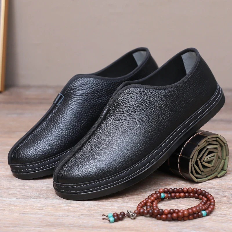老北京布鞋男款春秋季一脚蹬仿皮防滑软底舒适中老年爸爸鞋男单鞋