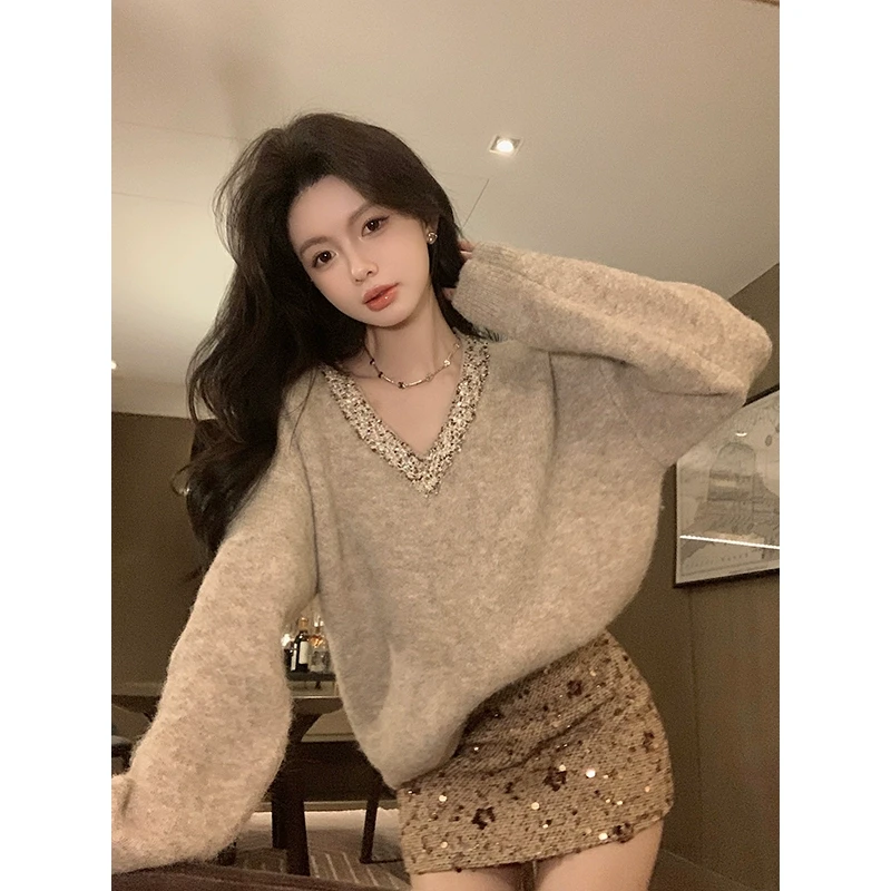 【QIUROUYAO邱肉瑶】贵气光环*温柔老钱亮钻宽松毛衣套装