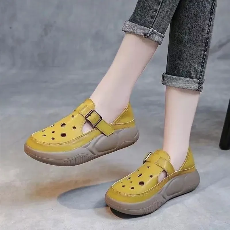 万象撤柜女鞋洞洞鞋圆头松糕跟低帮女包头复古单鞋平跟软底休闲夏