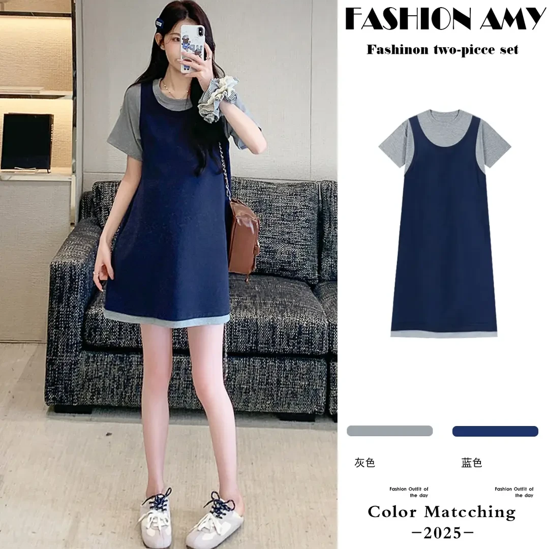 孕妇连衣裙夏季新款时尚韩版休闲简约拼接撞色假两件显瘦短袖裙子