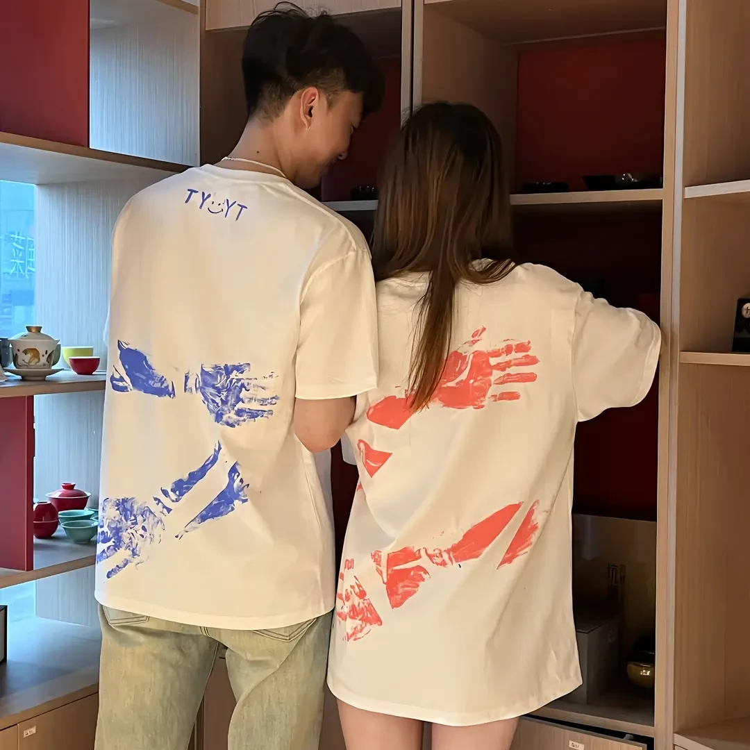 【曲奇】颜料画T恤情侣diy手印涂鸦颜料T恤纪念日纯棉创意礼物百搭