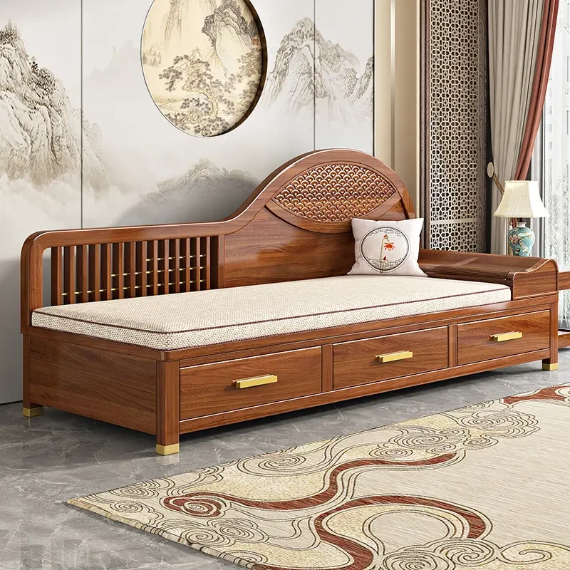 新中式美人榻小户型储物罗汉床客厅禅意胡桃木阳台休闲椅贵妃躺椅