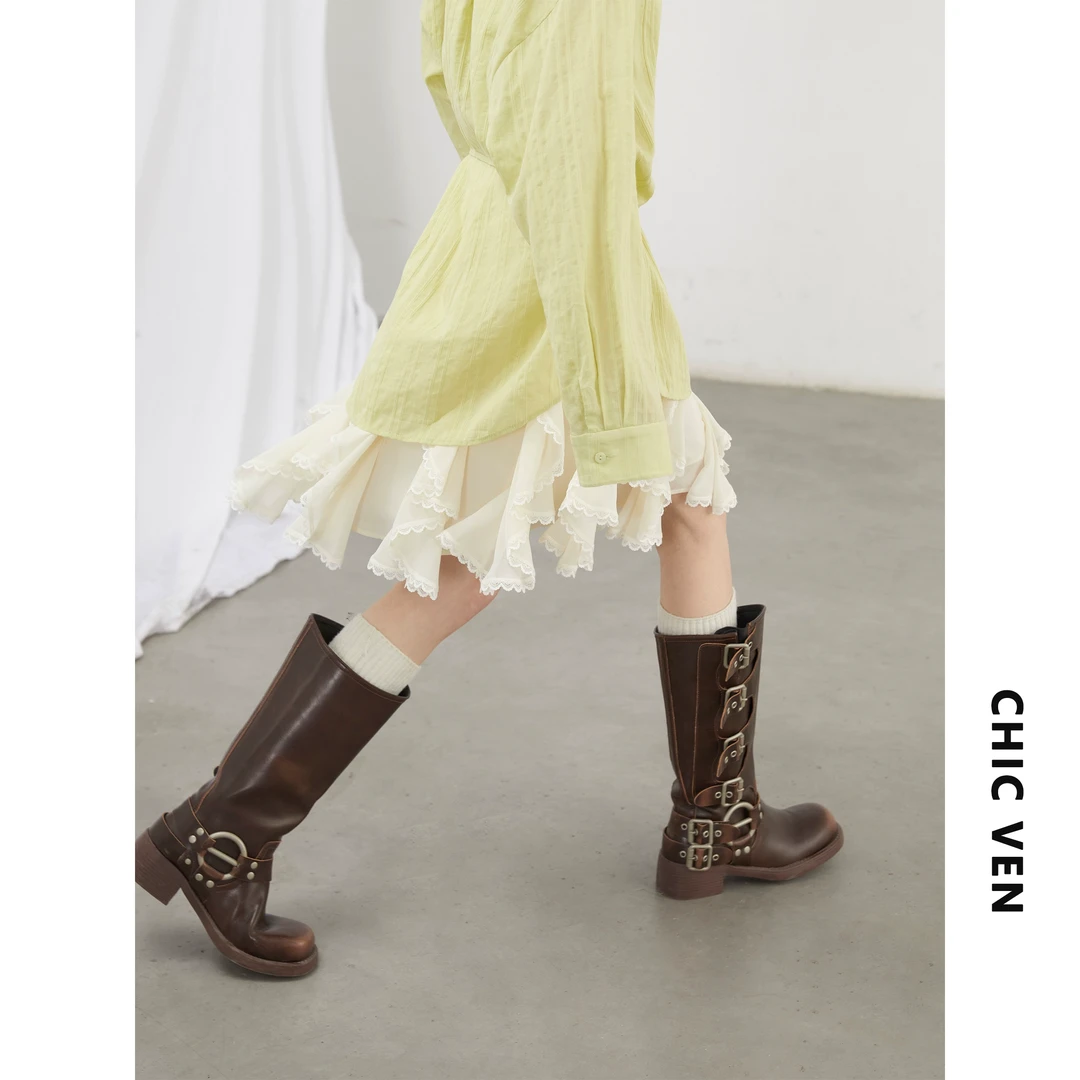 CHIC VEN春季新款高腰不规则蕾丝花边半身裙垂感短裙女125CQ10038