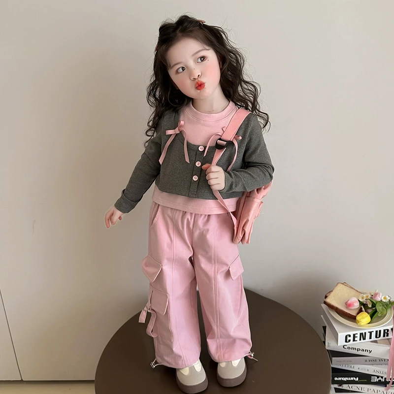 女童春秋款工装套装2025新款洋气时髦儿童蝴蝶结宝宝春季春装运动