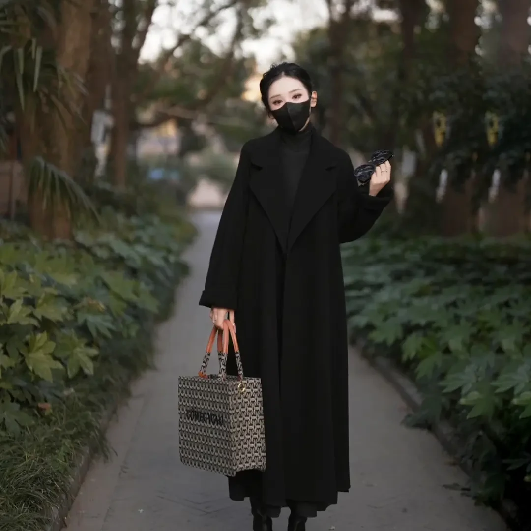 2024秋冬新款双面绒大衣女中长款保暖宽松加厚西装领系带毛呢外套