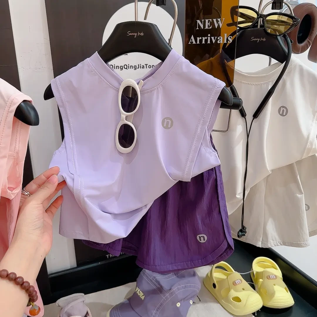 2025夏季新款儿童韩版爆款冰感防晒速干休闲运动宽松无袖背心套装