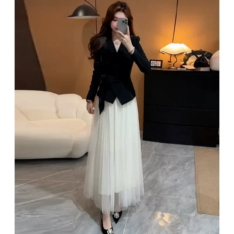C246+C247超火一整套女高级感黑色西装外套网纱半身裙气质两件套