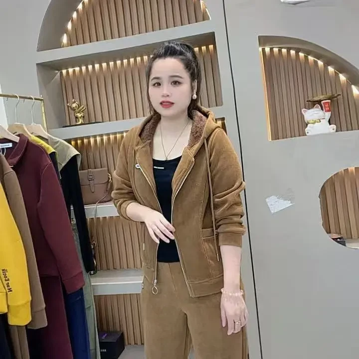 秋冬加绒加厚运动服套装洋气外套两件套6181