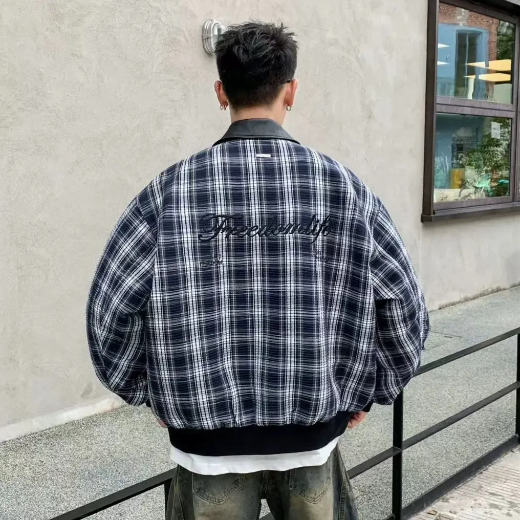 拼色格子夹克拉链翻领单排扣秋季复古上衣2173