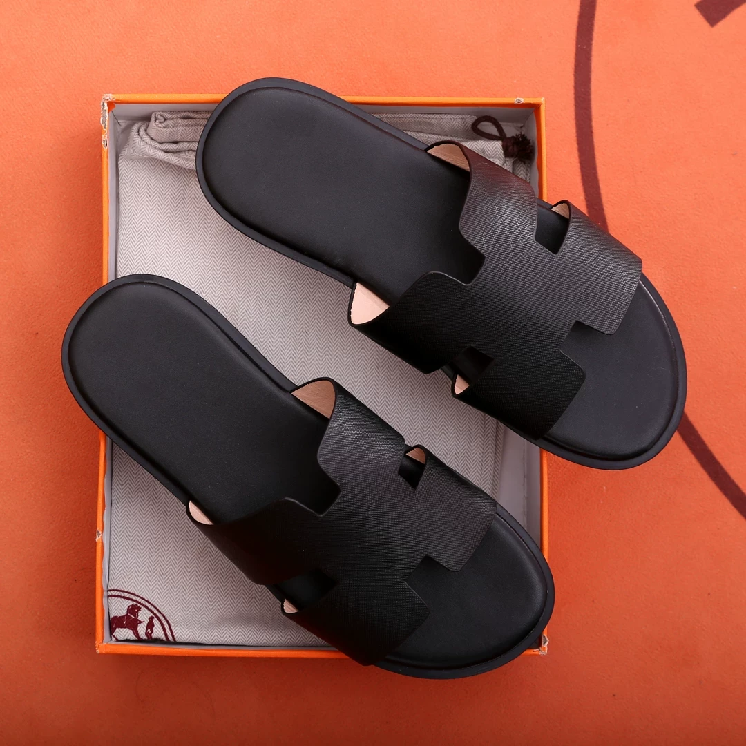 春夏新款h拖鞋男经典H扣一字平底真皮时尚沙滩鞋时尚韩版外穿凉鞋