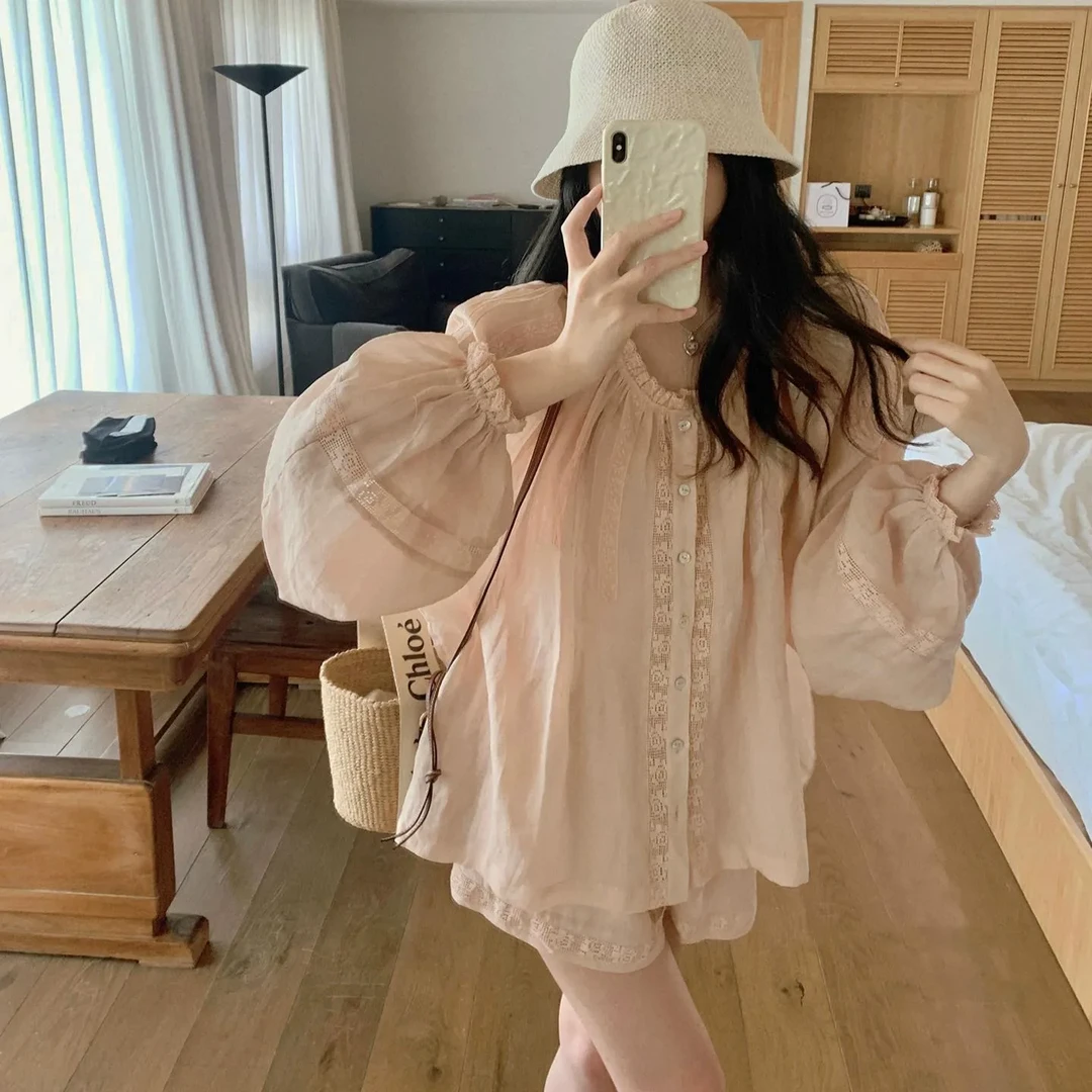 法式蕾丝薄款衬衫女夏减龄衬衣上衣女衬衫短裤棉麻套装女