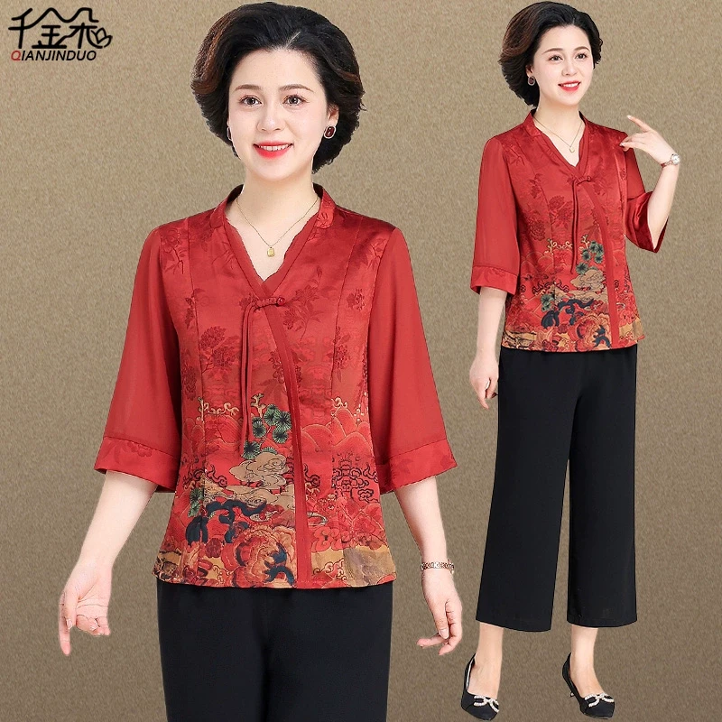 新中式妈妈七分袖雪纺衫2024新款中老年女夏季套装贵夫人春款上衣