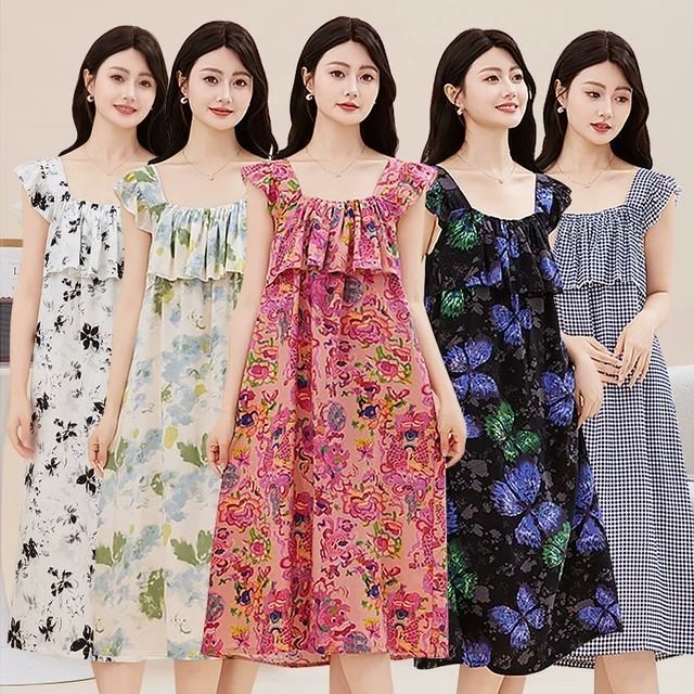 棉绸加宽吊带飞飞袖睡裙荷叶边遮胸免尴尬妈妈装透气两块居家服