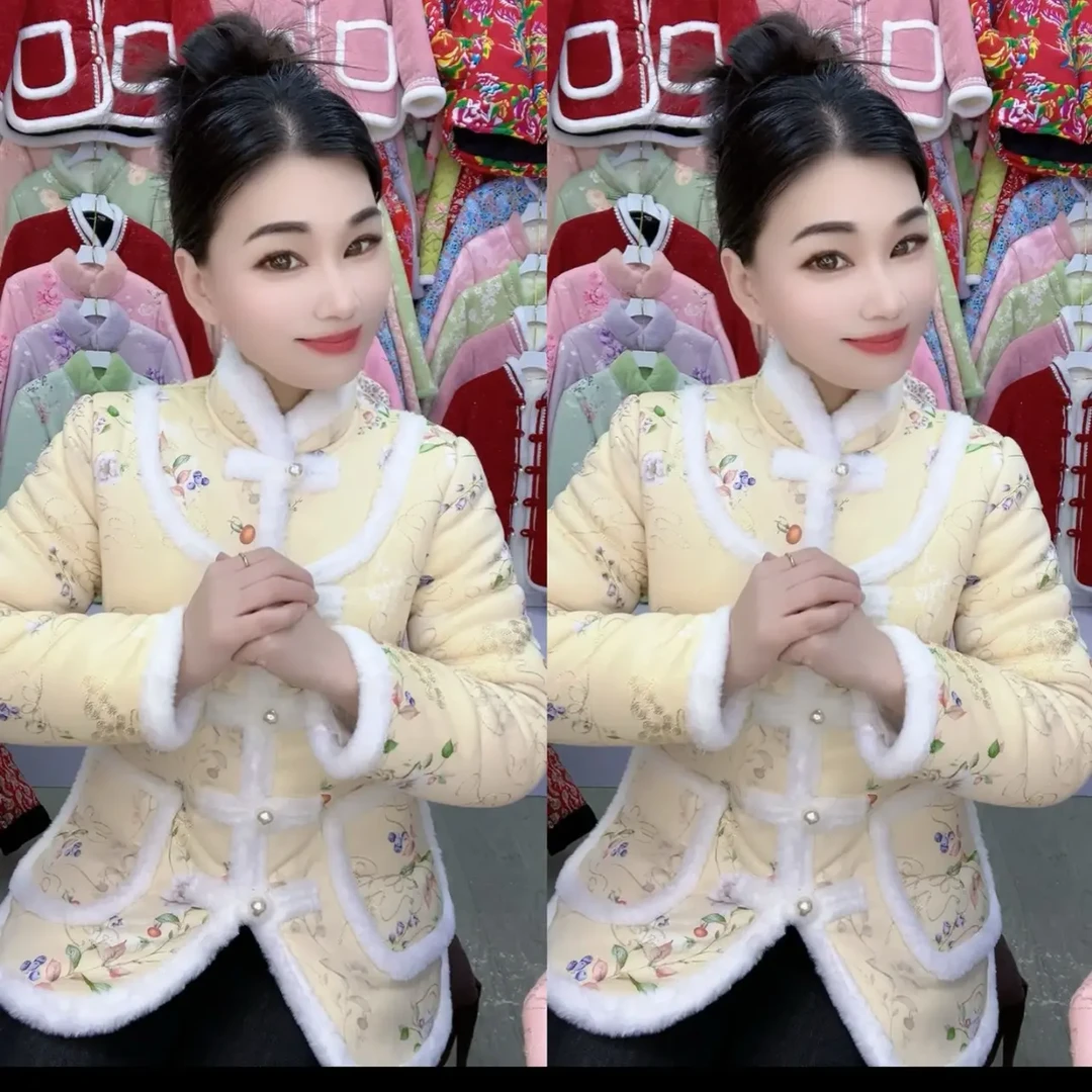 新中式国风加绒加厚立领显瘦棉服外套女复古盘扣民族风花棉袄