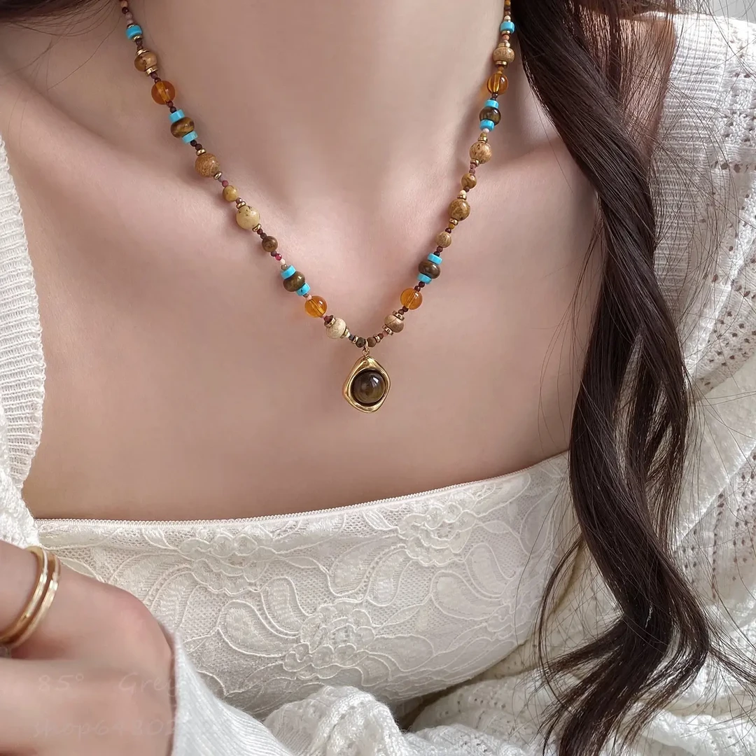 钛钢玻璃木质项链 民族风锁骨链 新疆包邮直发