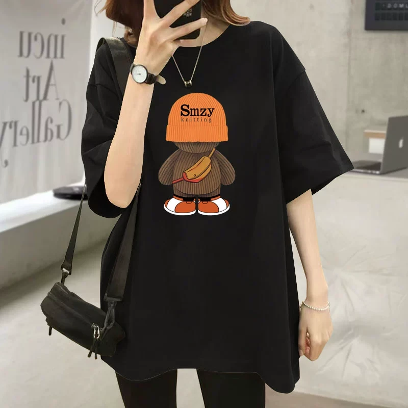 2025春夏季新款卡通小熊欧货大版宽松纯棉黑色短袖t恤女潮遮屁股
