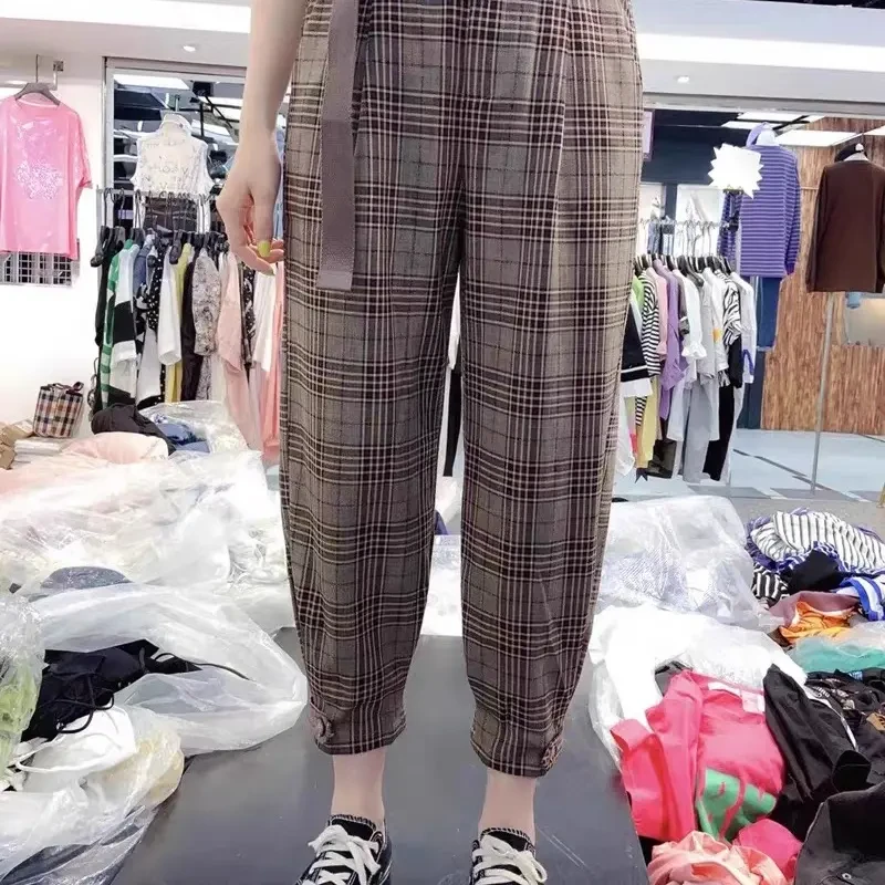 时尚高腰格纹长裤复古现代风格塑造纤细身材格格裤86535-1春秋