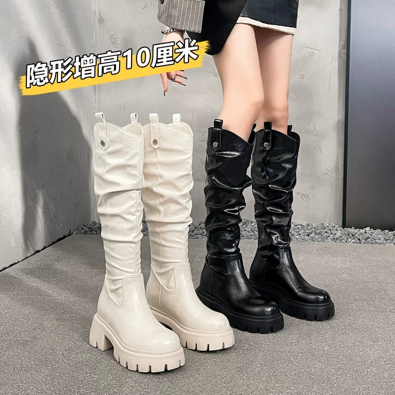 真皮褶皱高筒堆堆靴女2025新款小个子内增高长筒靴不过膝骑士长靴