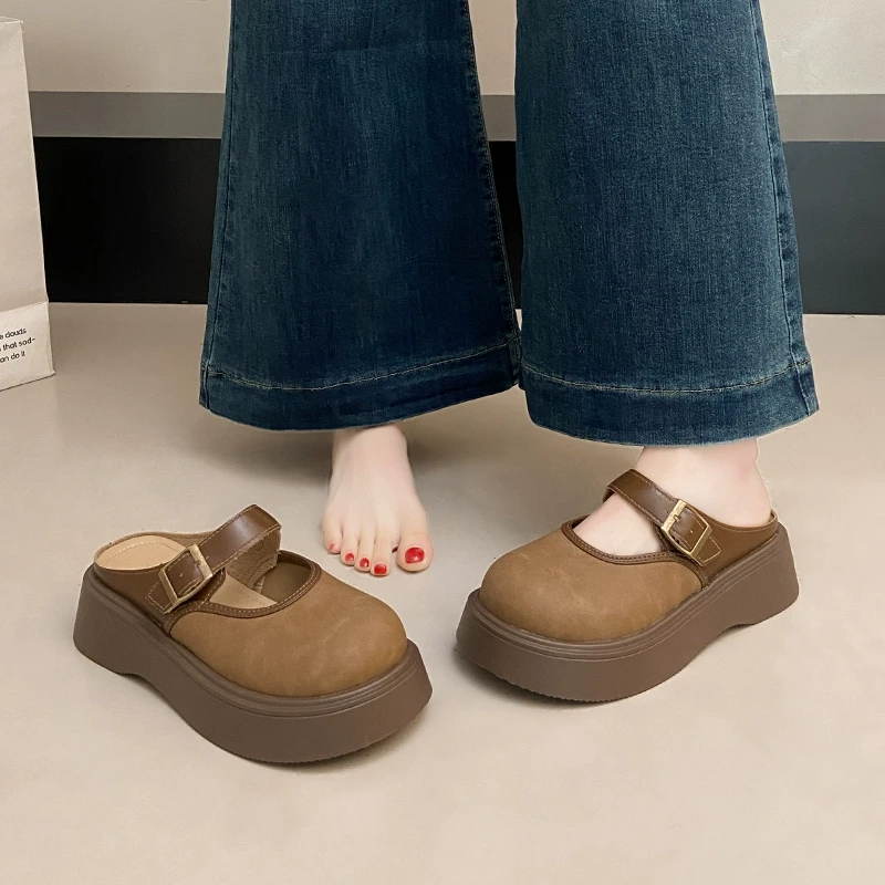 厚底包头玛丽珍半拖鞋女外穿2025春季新款复古休闲时尚博肯凉拖鞋