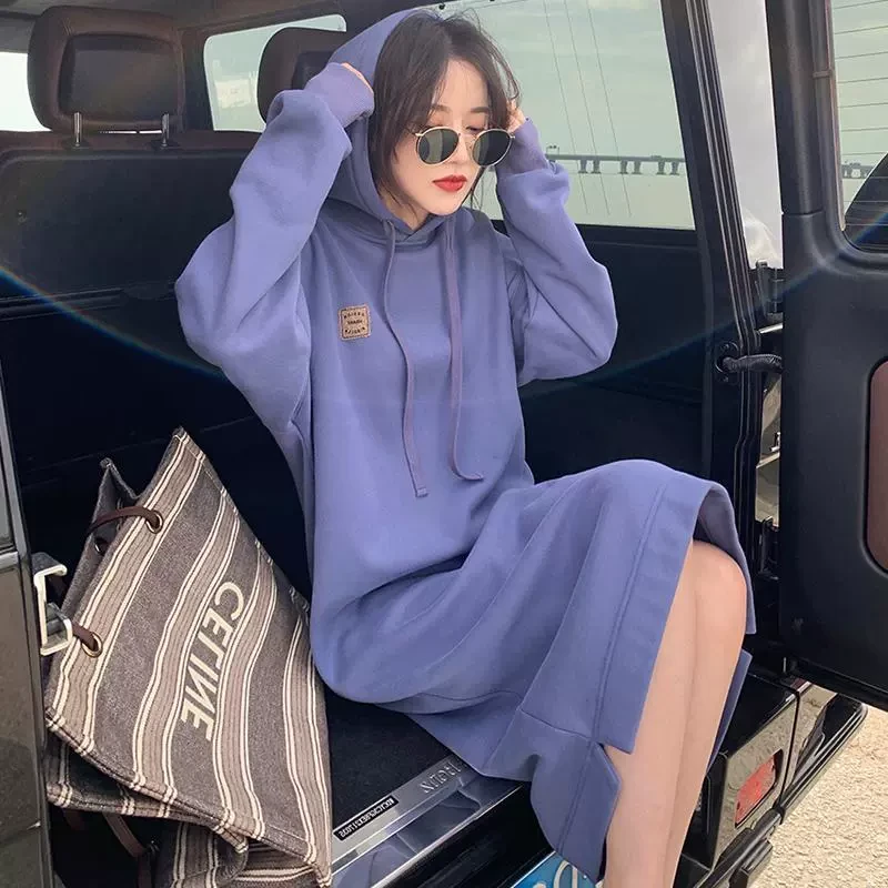 芯娇晴春秋新款长款加绒连帽卫衣裙女冬季韩版外搭大衣减龄连衣裙