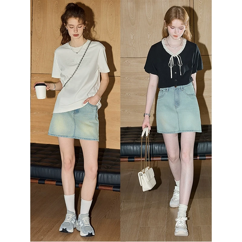 库恩玛维浅蓝牛仔半身裙女2025年夏季新款高腰显瘦A字包臀短裙子