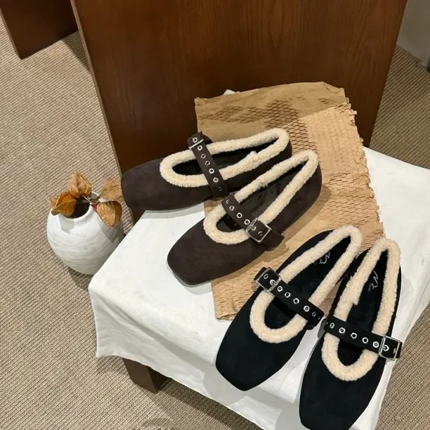 韩里韩气秋冬new洋气韩系女主绒里小方头玛丽珍软底单鞋内增高