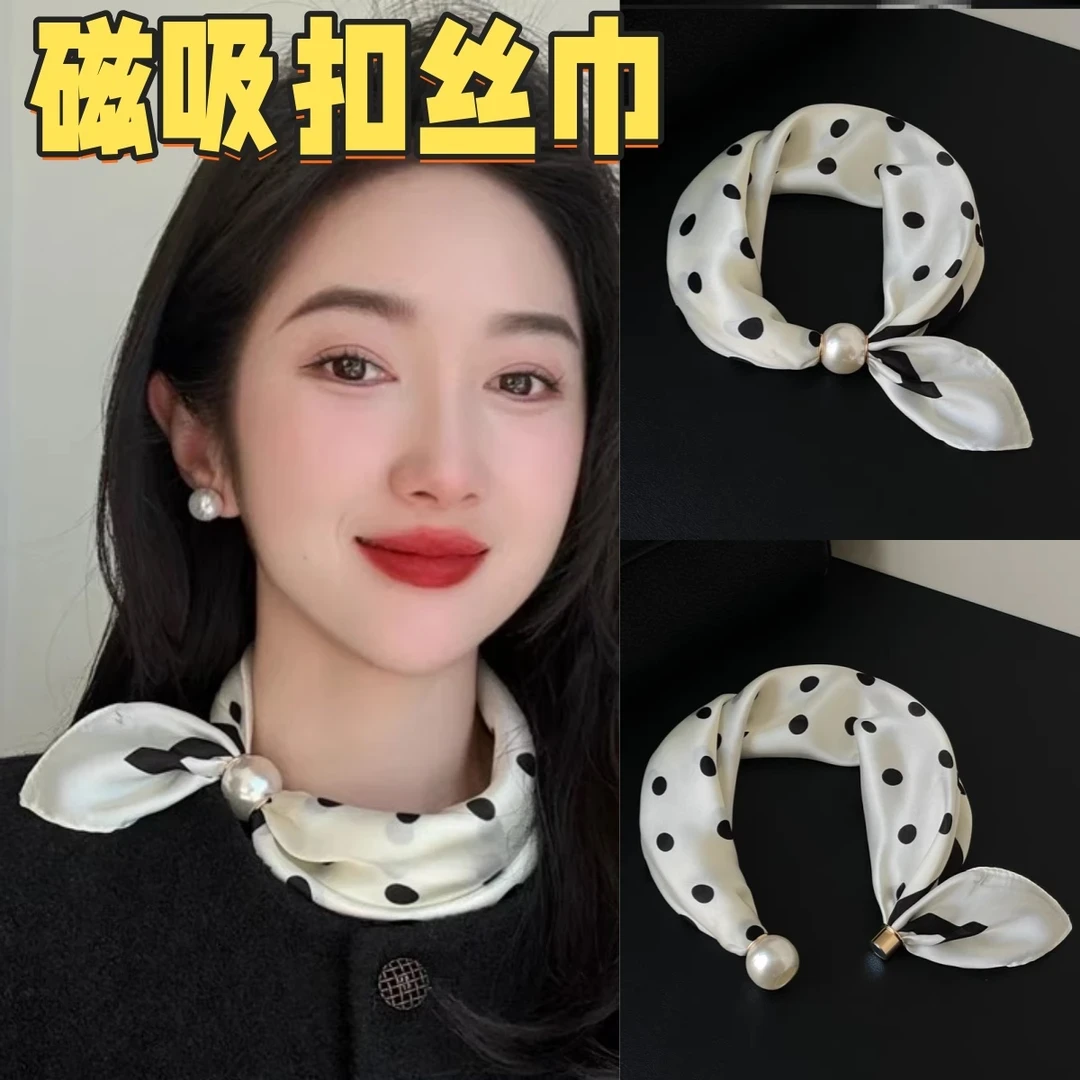 波点磁吸扣拼接长条丝巾女百搭装饰衬衫领巾春秋季围巾护颈小领巾