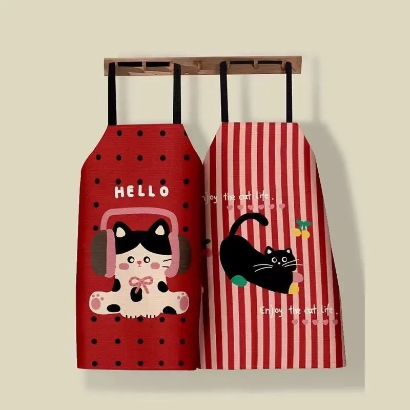 猫猫厨房防水防油高颜值围裙加厚棉麻混纺卡通餐饮工作服均码绑带