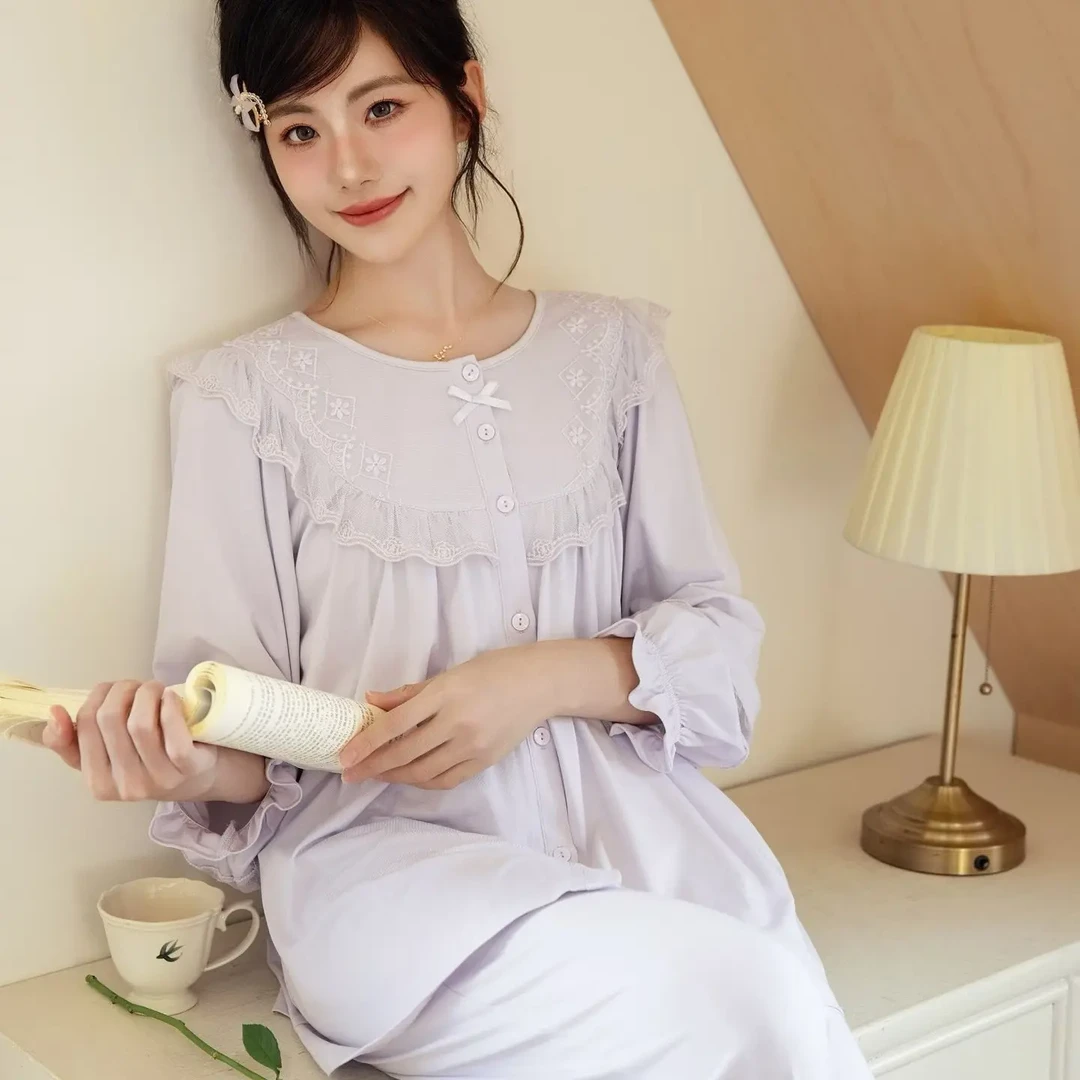 90272女士长袖宽松公主风春秋款可外穿蕾丝睡衣家居服套装
