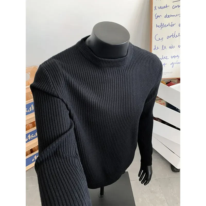 黑色圆领毛衣男冬季加厚慵懒高级感软糯保暖针织衫内搭打底毛线衣