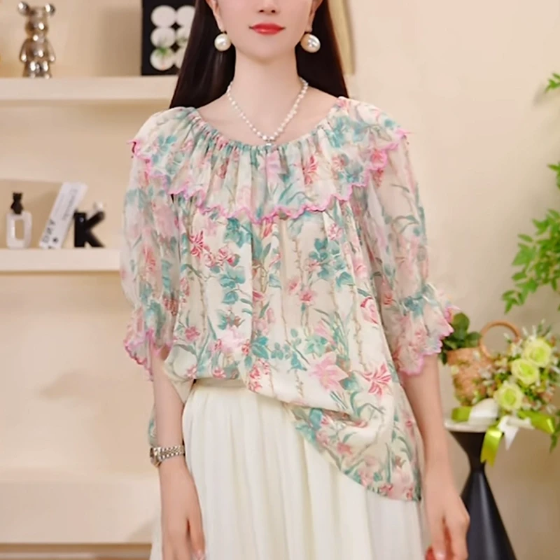 荷叶边娃娃领衬衫女2025夏季洋气减龄宽松显瘦高级感短袖休闲上衣