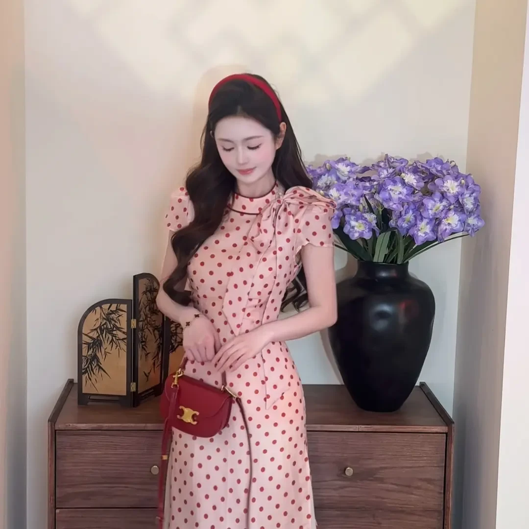 【语汐】 短袖收腰波点拼接假两件连衣裙子女装甜美温柔风显瘦长裙