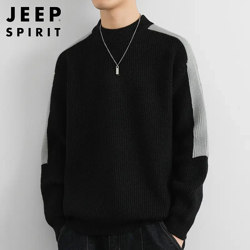 Jeep吉普男士休闲针织衫秋冬季宽松拼色潮流时尚打底保暖圆领毛衣
