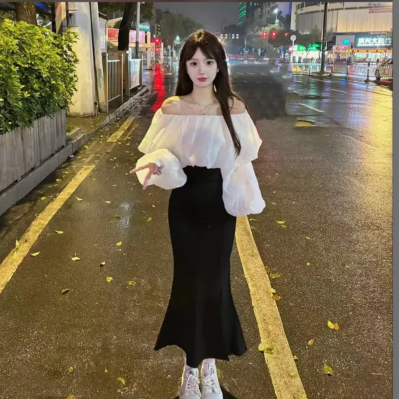 高级感气质一字领灯笼袖短款上衣+不规则高腰开叉包臀鱼尾裙套装