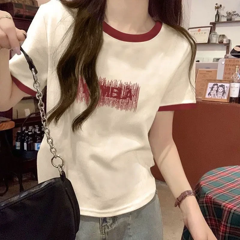 夏季洋气新款撞色印花T恤纯棉短袖休闲韩版圆领2025时尚上衣体恤