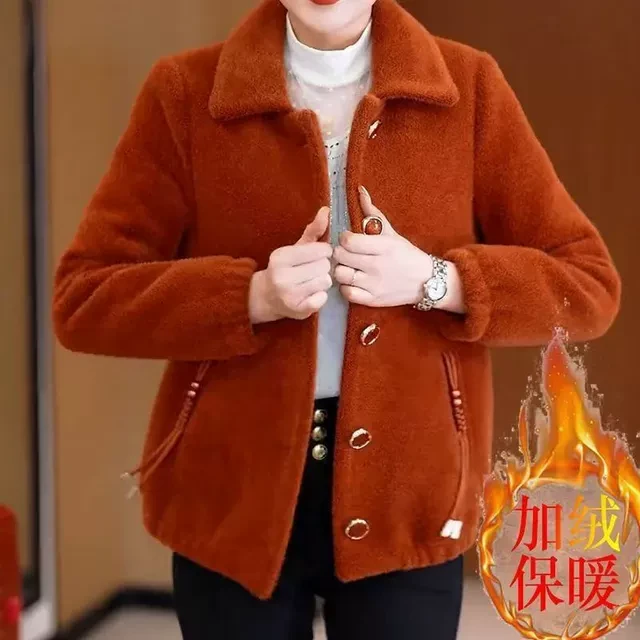 中年妈妈秋冬装加绒毛呢外套女小个子洋气中老年女水貂绒棉衣短款
