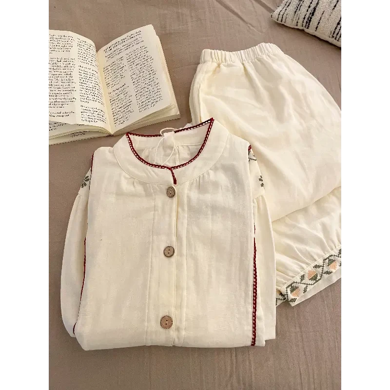法式碎花圆领双层棉纱睡衣女春秋款2025新款休闲可外穿家居服套装