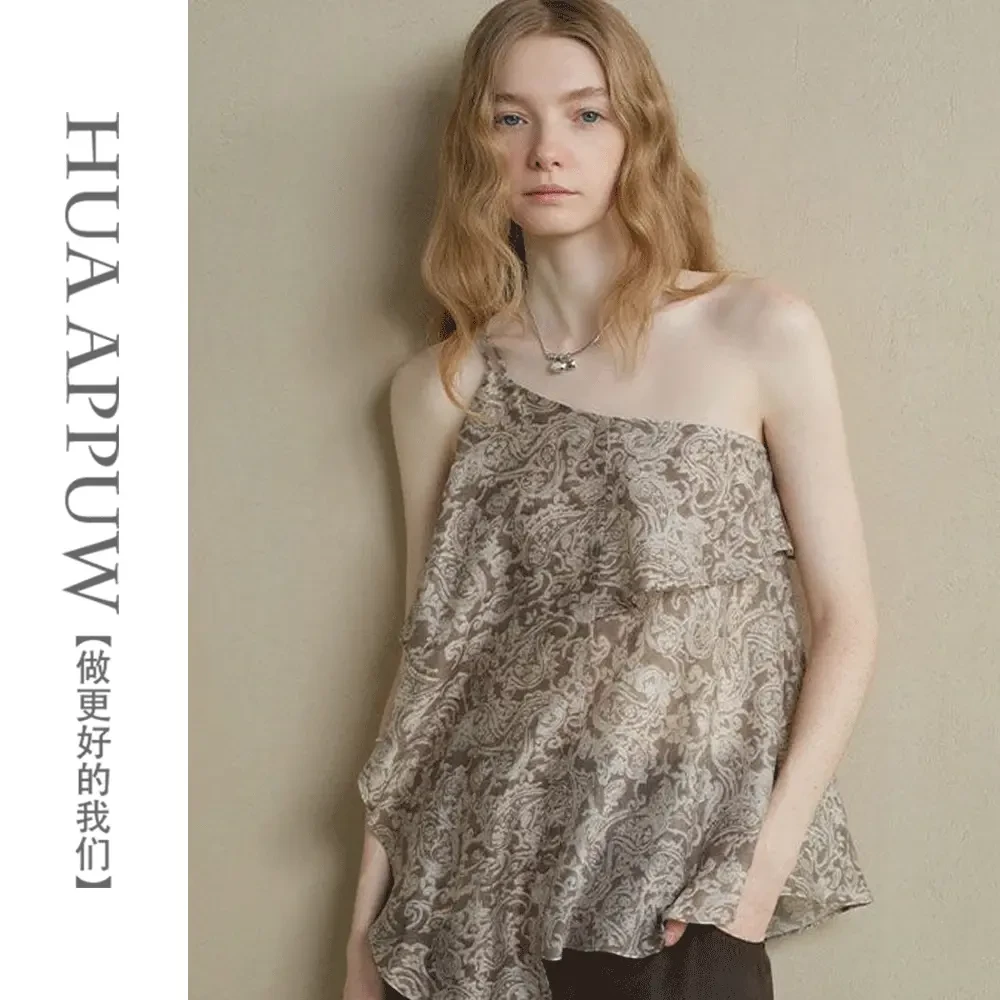 韩里韩气设计感古典腰果花荷叶边斜襟不规则单肩吊带衬衫气质上衣