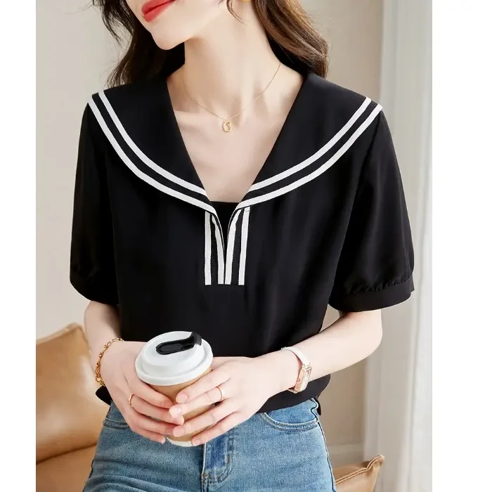 法式海军领黑色雪纺衫短袖衬衫女夏季宽松设计感小众遮肚上衣小衫