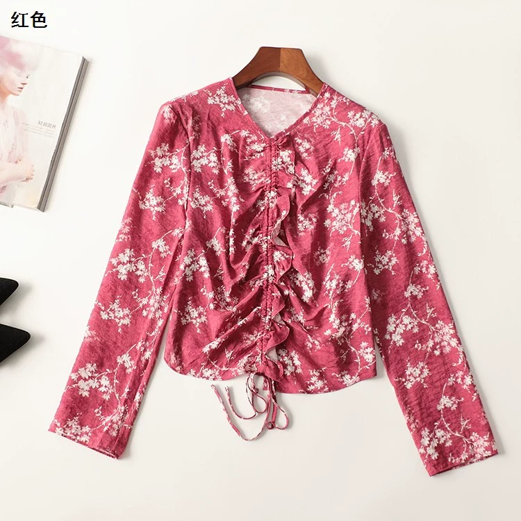 245267春短款长袖V领衬衫