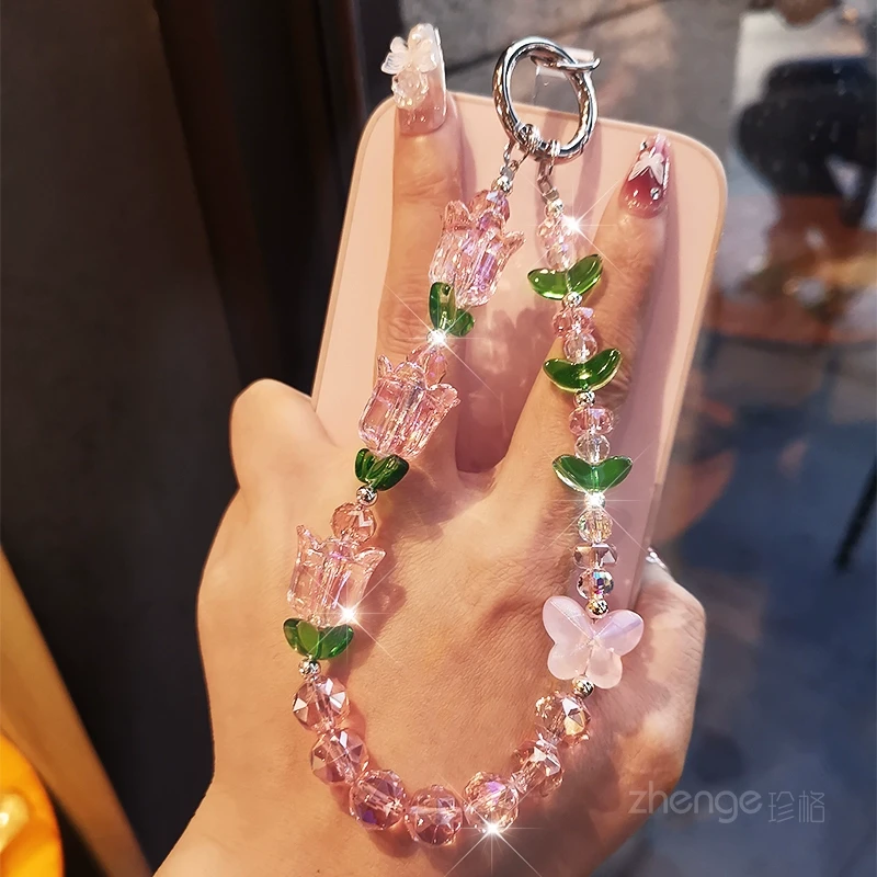 水晶郁金香手机链手腕挂饰小清新挂件户外旅游出行逛街手机挂绳